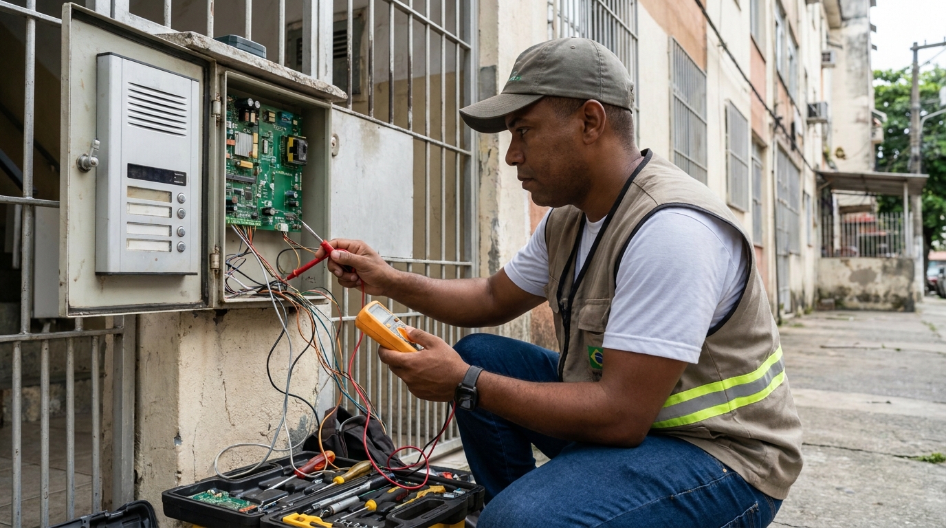 Eletricista consertando interfone em Manaus‑AM