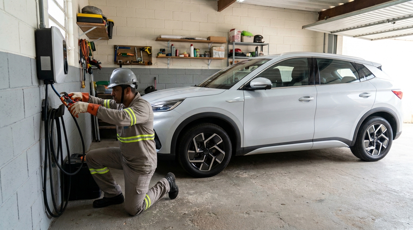 Eletricista instalando carregador de carro eletrico em Manaus‑AM