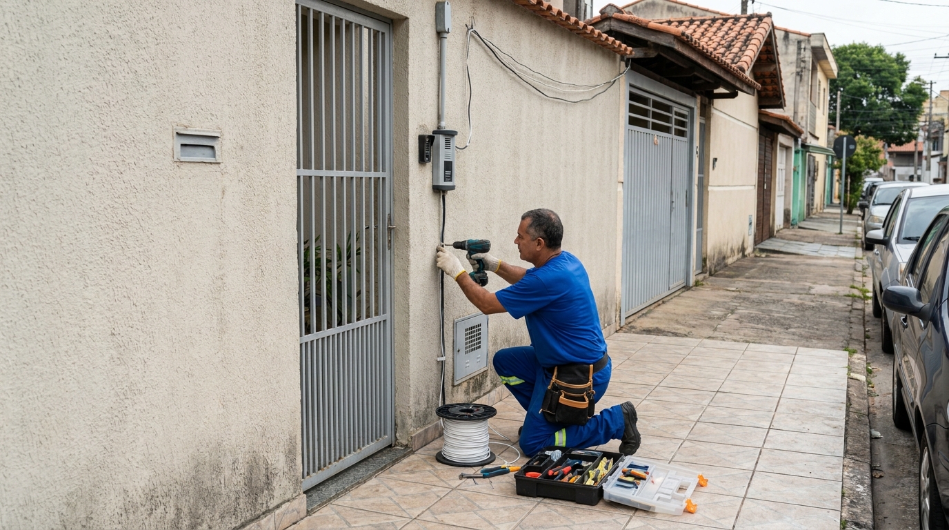 Eletricista instalando interfone em Manaus‑AM