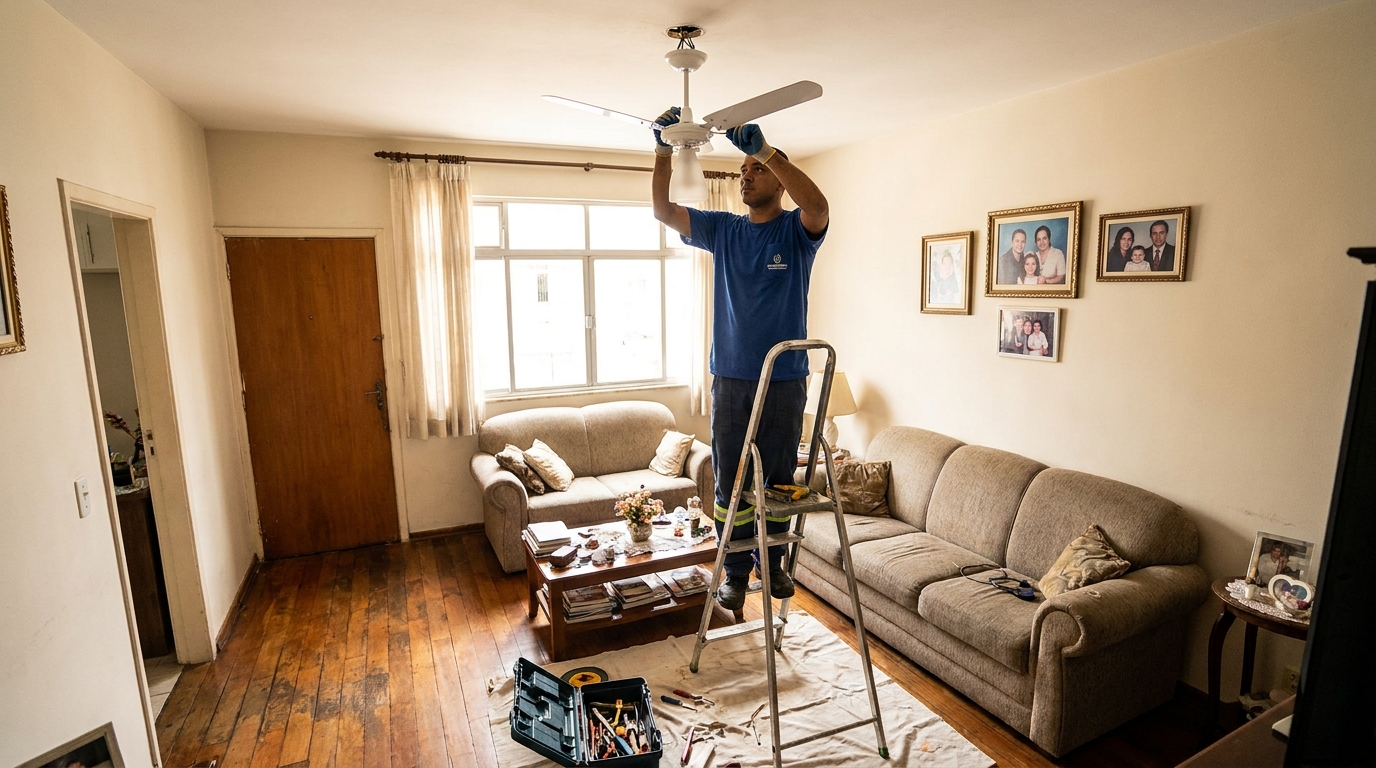Eletricista instalando ventilador de teto em Manaus‑AM